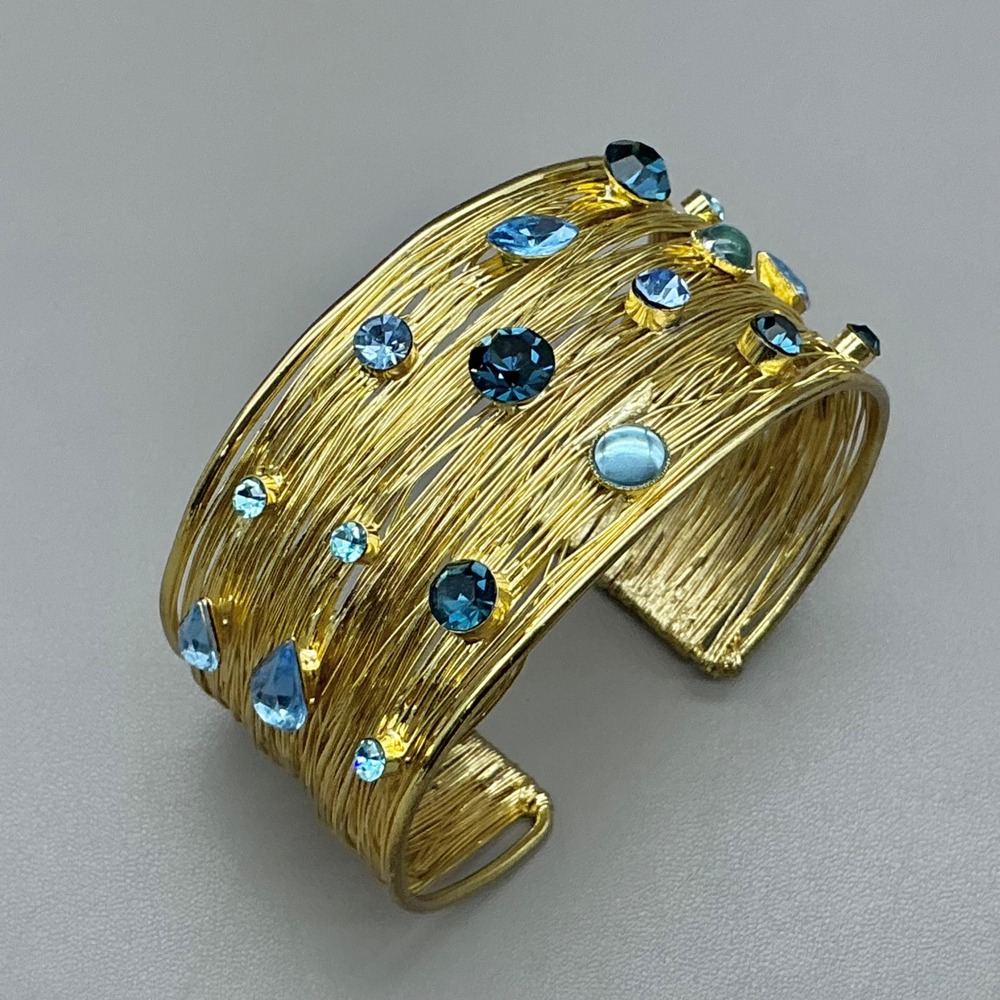 Cuff Bracelet Women Gold Tone Blue Rhinestone Multi Wire Layered Statement